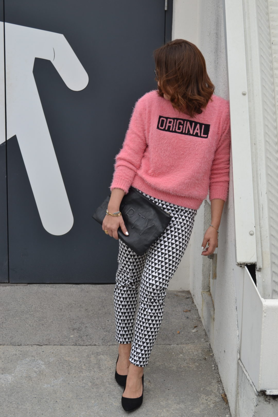 gingham trousers with pink sweater