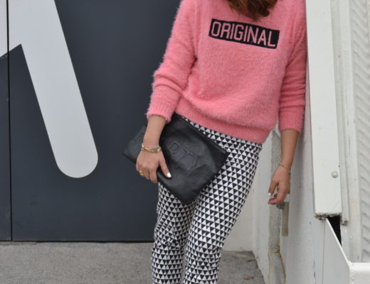 gingham trousers with pink sweater