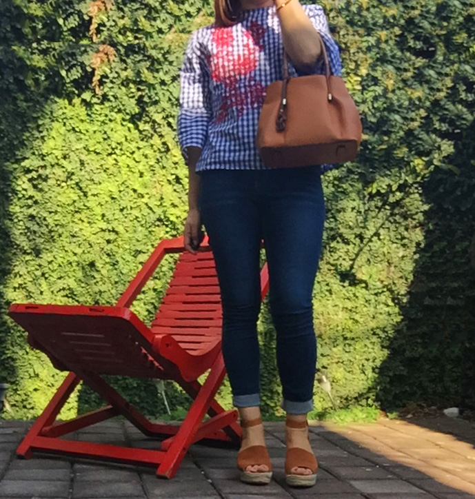 checkered blouse and jeans