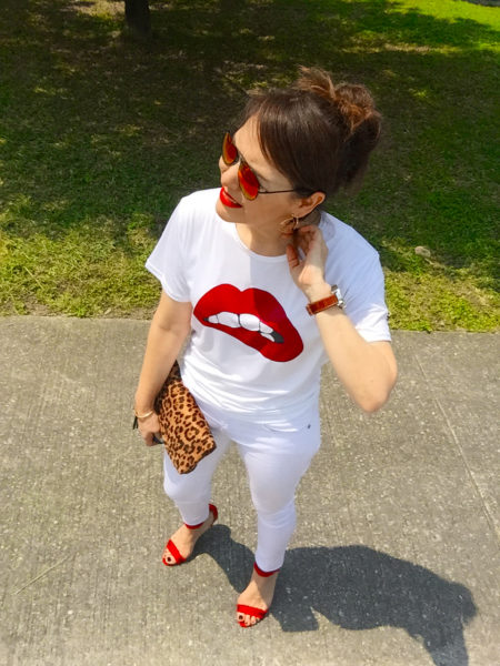 White jeans and red lips shirt