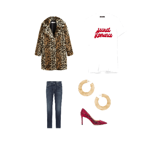 Leopard coat with red tee