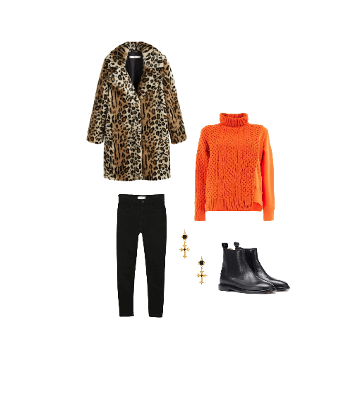Leopard coat with orange sweater